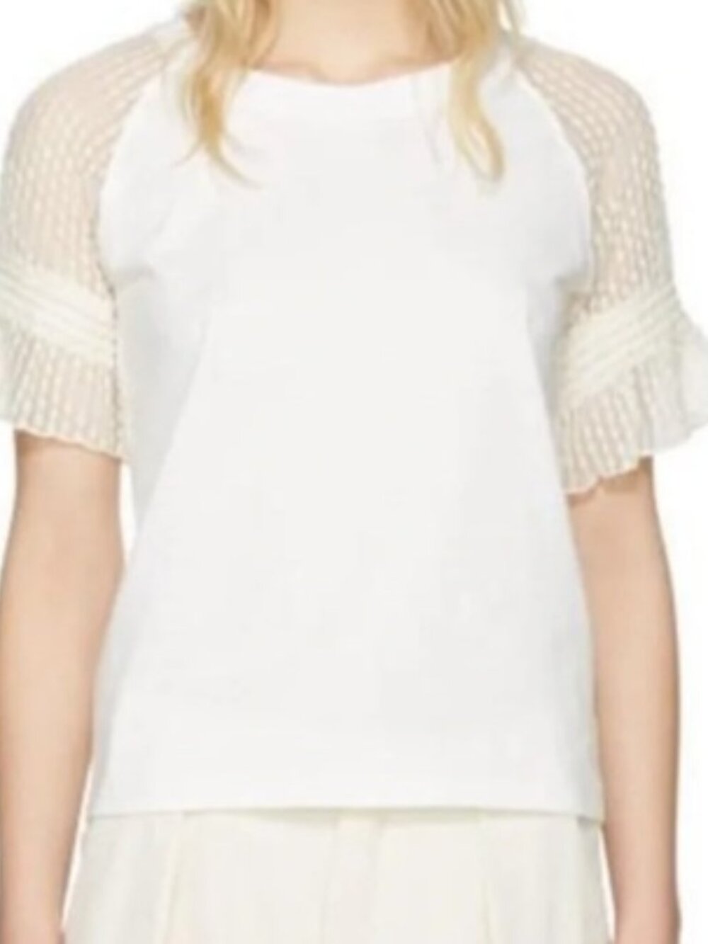 See By Chloé White Cotton T-Shirt with Crochet Eyelet Raglan Sleeves Size S